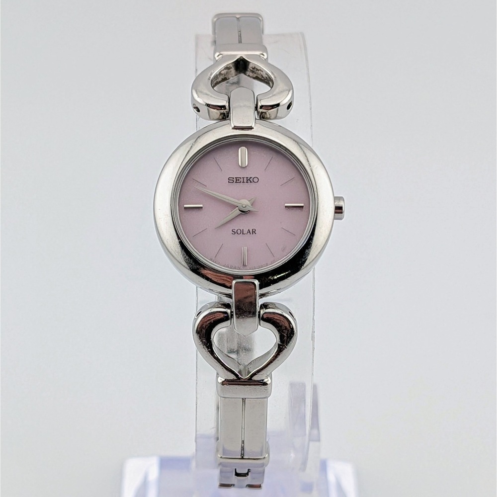Seiko Solar V115-0AL0 Pink Dial Heart Link Ladies Watch Stainless Steel 22mm